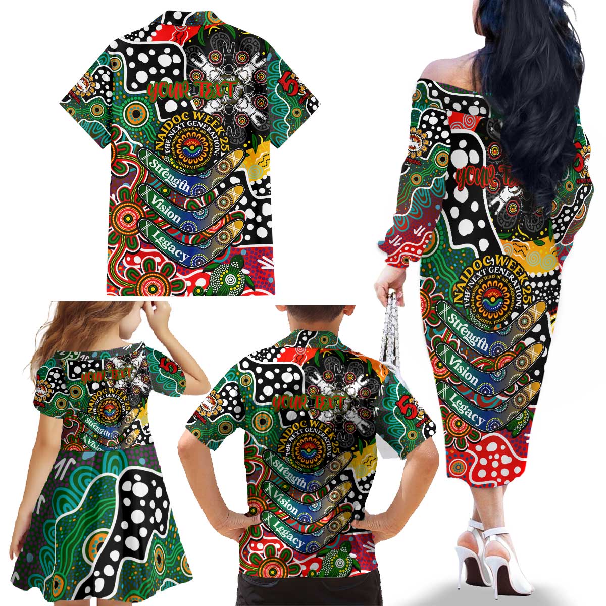Personalised Rabbitohs NRL Celebrating 50 Years of Naidoc Family Matching Off The Shoulder Long Sleeve Dress and Hawaiian Shirt NAIDOC Week 2025 Aboriginal