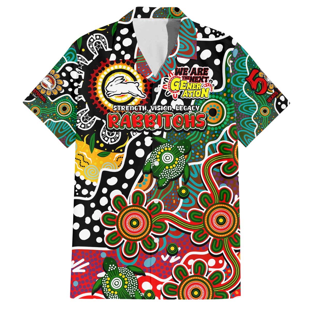 Personalised Rabbitohs NRL Celebrating 50 Years of Naidoc Family Matching Off The Shoulder Long Sleeve Dress and Hawaiian Shirt NAIDOC Week 2025 Aboriginal