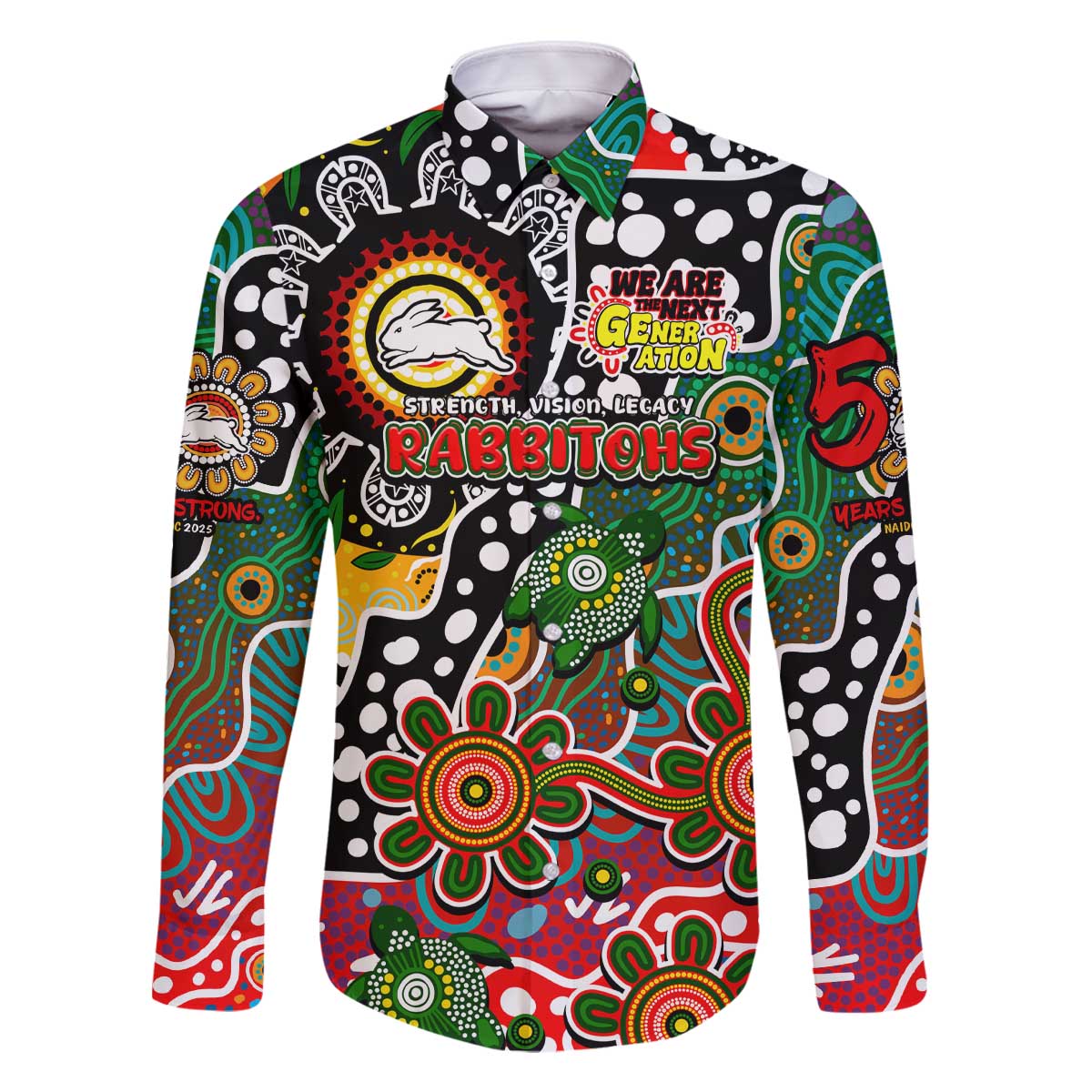 Personalised Rabbitohs NRL Celebrating 50 Years of Naidoc Family Matching Off The Shoulder Long Sleeve Dress and Hawaiian Shirt NAIDOC Week 2025 Aboriginal