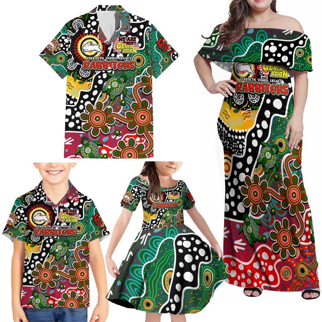 Personalised Rabbitohs NRL Celebrating 50 Years of Naidoc Family Matching Off Shoulder Maxi Dress and Hawaiian Shirt NAIDOC Week 2025 Aboriginal