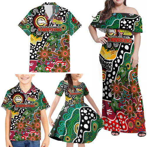 Personalised Rabbitohs NRL Celebrating 50 Years of Naidoc Family Matching Off Shoulder Maxi Dress and Hawaiian Shirt NAIDOC Week 2025 Aboriginal