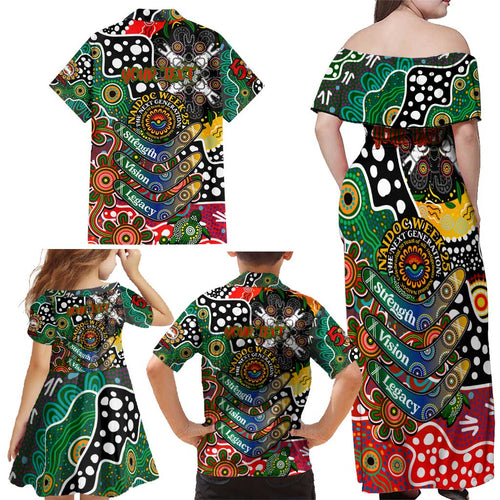 Personalised Rabbitohs NRL Celebrating 50 Years of Naidoc Family Matching Off Shoulder Maxi Dress and Hawaiian Shirt NAIDOC Week 2025 Aboriginal
