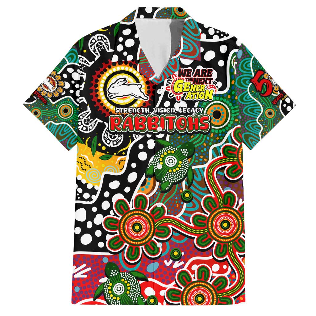 Personalised Rabbitohs NRL Celebrating 50 Years of Naidoc Family Matching Off Shoulder Maxi Dress and Hawaiian Shirt NAIDOC Week 2025 Aboriginal