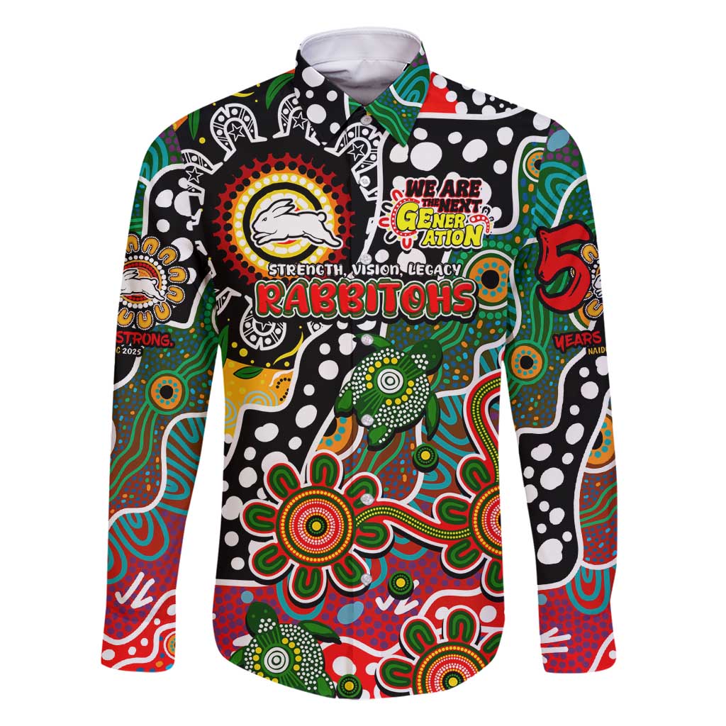 Personalised Rabbitohs NRL Celebrating 50 Years of Naidoc Family Matching Off Shoulder Maxi Dress and Hawaiian Shirt NAIDOC Week 2025 Aboriginal