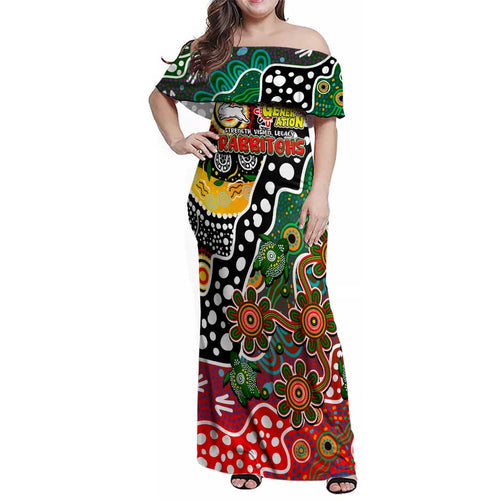 Personalised Rabbitohs NRL Celebrating 50 Years of Naidoc Family Matching Off Shoulder Maxi Dress and Hawaiian Shirt NAIDOC Week 2025 Aboriginal