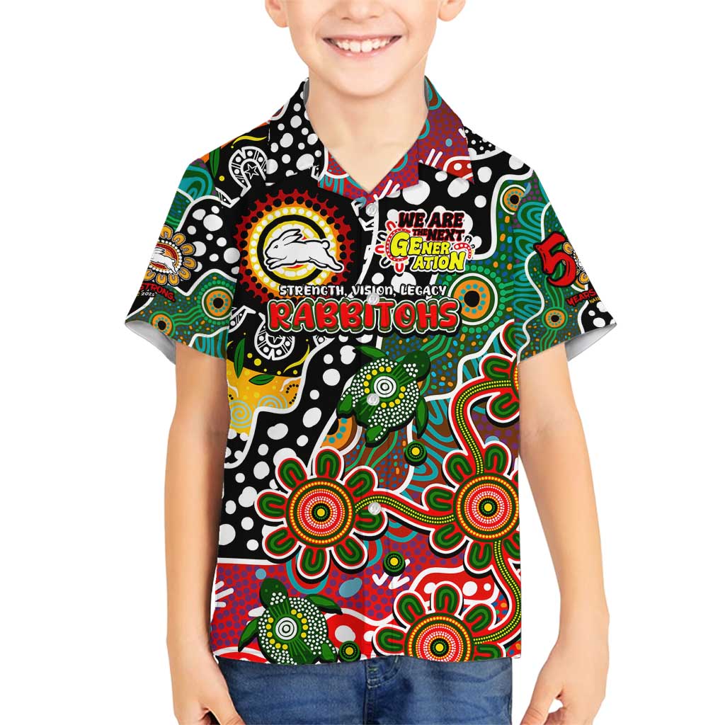 Personalised Rabbitohs NRL Celebrating 50 Years of Naidoc Family Matching Off Shoulder Maxi Dress and Hawaiian Shirt NAIDOC Week 2025 Aboriginal