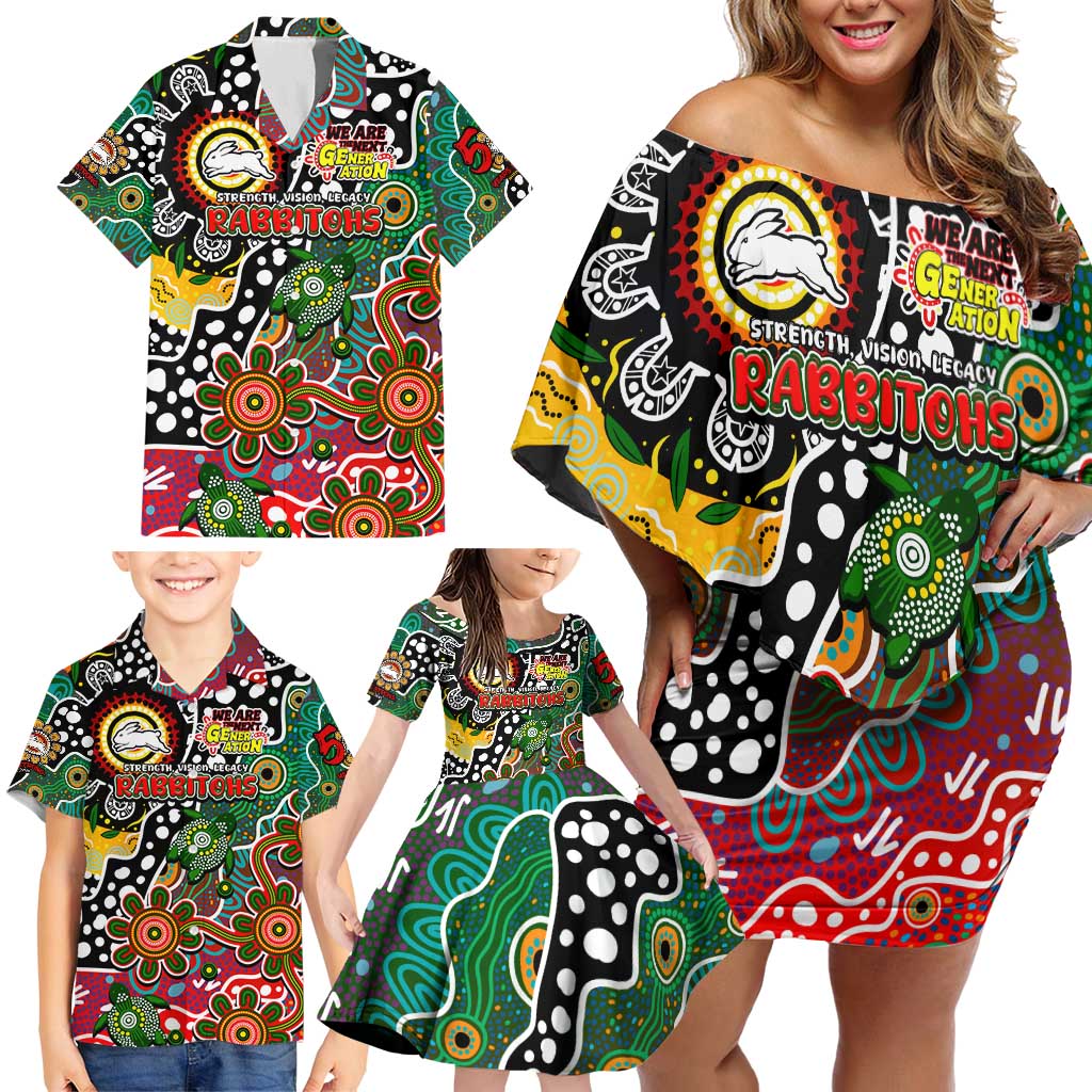 Personalised Rabbitohs NRL Celebrating 50 Years of Naidoc Family Matching Off Shoulder Short Dress and Hawaiian Shirt NAIDOC Week 2025 Aboriginal