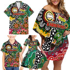 Personalised Rabbitohs NRL Celebrating 50 Years of Naidoc Family Matching Off Shoulder Short Dress and Hawaiian Shirt NAIDOC Week 2025 Aboriginal