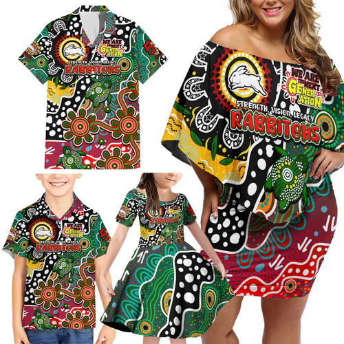 Personalised Rabbitohs NRL Celebrating 50 Years of Naidoc Family Matching Off Shoulder Short Dress and Hawaiian Shirt NAIDOC Week 2025 Aboriginal