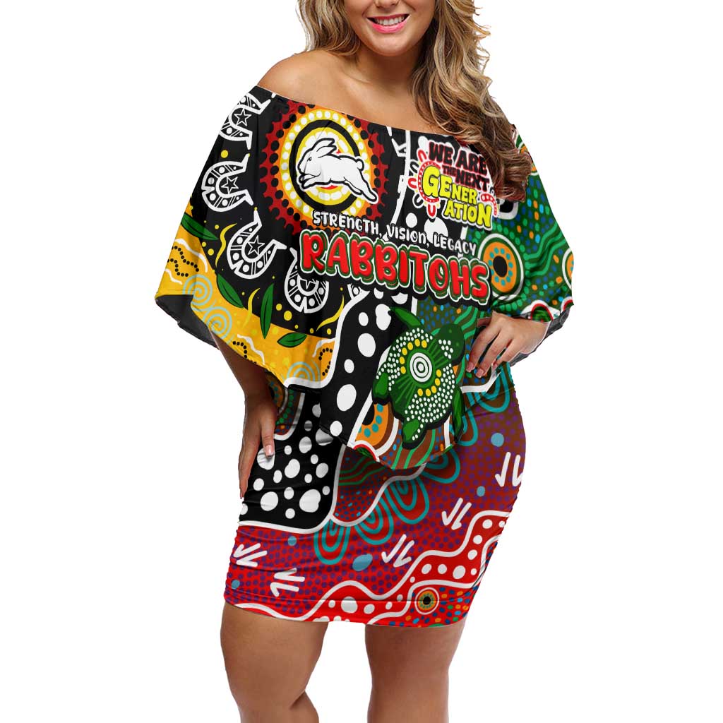 Personalised Rabbitohs NRL Celebrating 50 Years of Naidoc Family Matching Off Shoulder Short Dress and Hawaiian Shirt NAIDOC Week 2025 Aboriginal