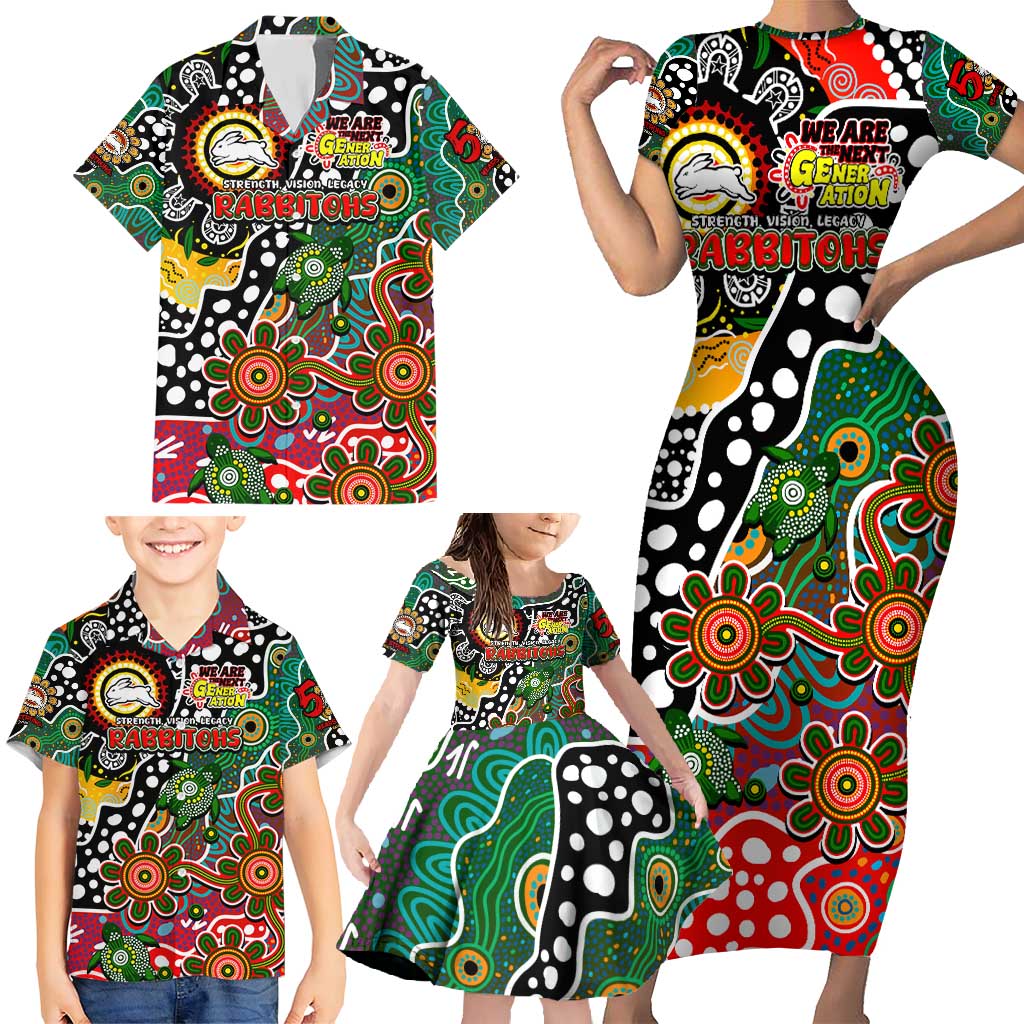 Personalised Rabbitohs NRL Celebrating 50 Years of Naidoc Family Matching Short Sleeve Bodycon Dress and Hawaiian Shirt NAIDOC Week 2025 Aboriginal