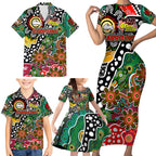 Personalised Rabbitohs NRL Celebrating 50 Years of Naidoc Family Matching Short Sleeve Bodycon Dress and Hawaiian Shirt NAIDOC Week 2025 Aboriginal