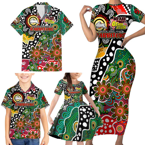 Personalised Rabbitohs NRL Celebrating 50 Years of Naidoc Family Matching Short Sleeve Bodycon Dress and Hawaiian Shirt NAIDOC Week 2025 Aboriginal