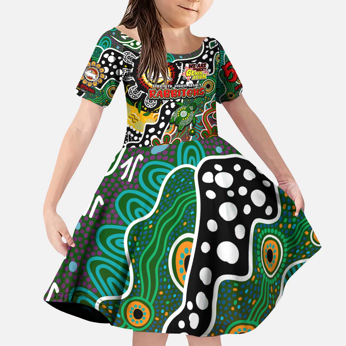 Personalised Rabbitohs NRL Celebrating 50 Years of Naidoc Kid Short Sleeve Dress NAIDOC Week 2025 Aboriginal