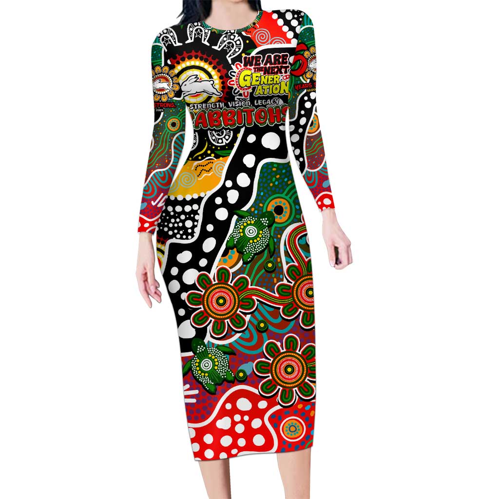 Personalised Rabbitohs NRL Celebrating 50 Years of Naidoc Long Sleeve Bodycon Dress NAIDOC Week 2025 Aboriginal