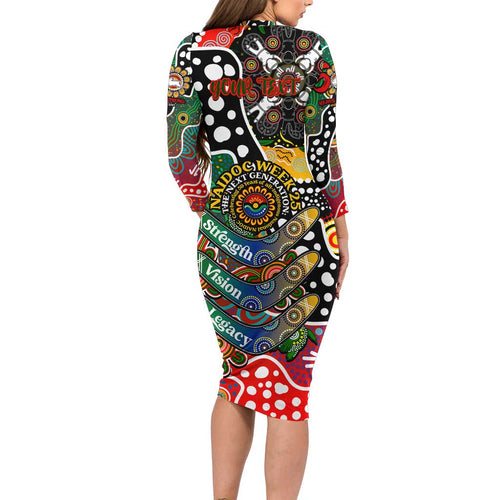 Personalised Rabbitohs NRL Celebrating 50 Years of Naidoc Long Sleeve Bodycon Dress NAIDOC Week 2025 Aboriginal
