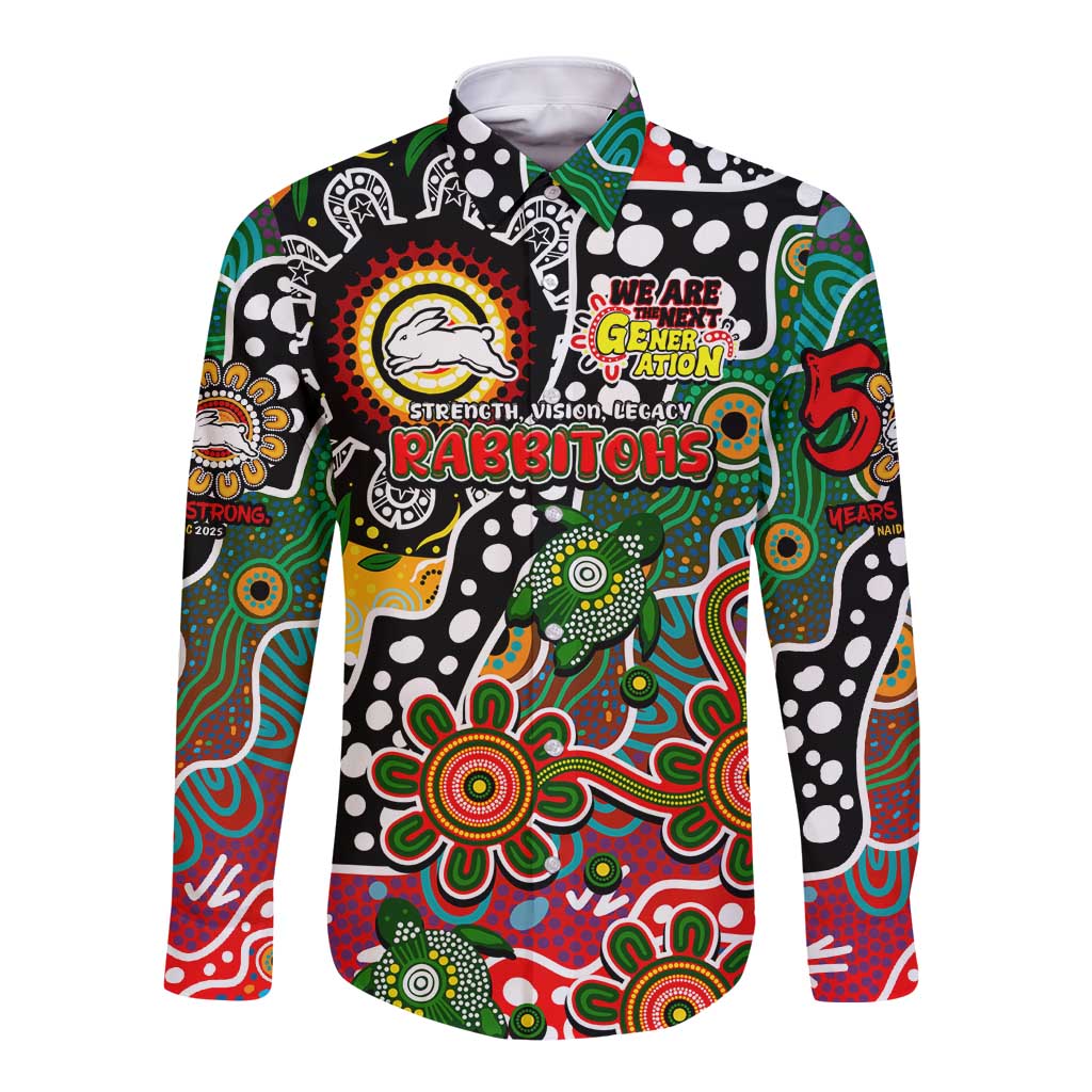 Personalised Rabbitohs NRL Celebrating 50 Years of Naidoc Long Sleeve Button Shirt NAIDOC Week 2025 Aboriginal
