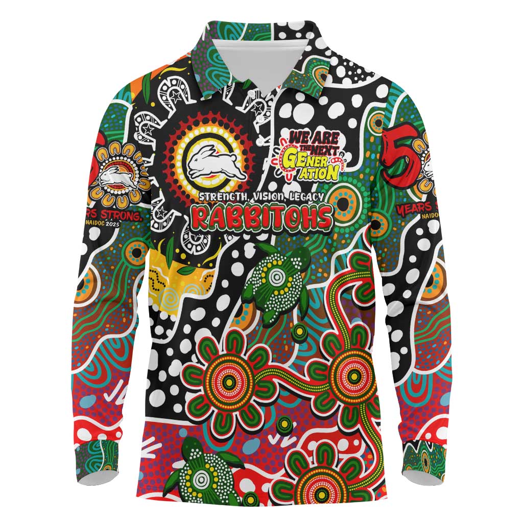 Personalised Rabbitohs NRL Celebrating 50 Years of Naidoc Long Sleeve Polo Shirt NAIDOC Week 2025 Aboriginal