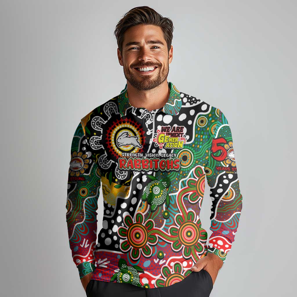Personalised Rabbitohs NRL Celebrating 50 Years of Naidoc Long Sleeve Polo Shirt NAIDOC Week 2025 Aboriginal