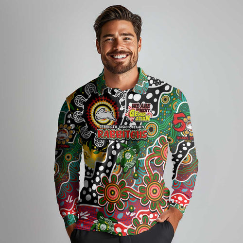 Personalised Rabbitohs NRL Celebrating 50 Years of Naidoc Long Sleeve Polo Shirt NAIDOC Week 2025 Aboriginal