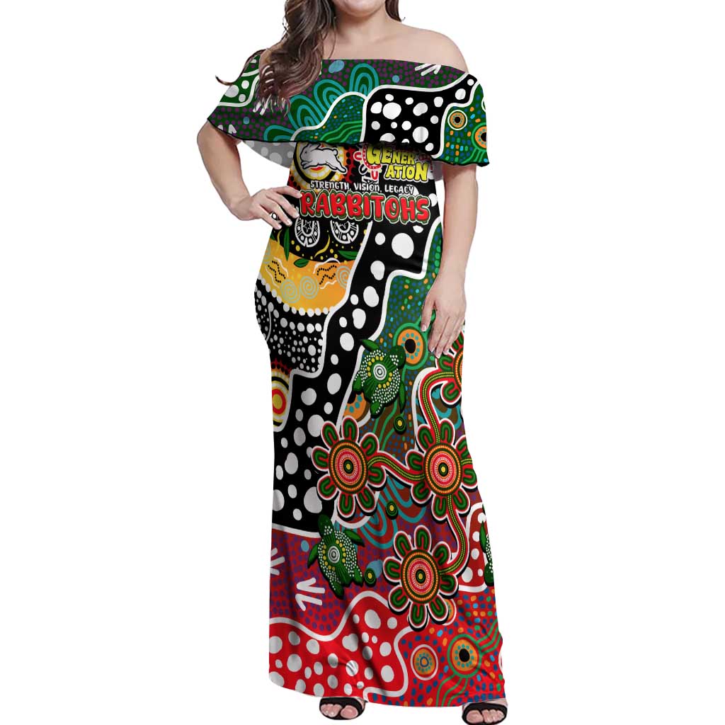 Personalised Rabbitohs NRL Celebrating 50 Years of Naidoc Off Shoulder Maxi Dress NAIDOC Week 2025 Aboriginal