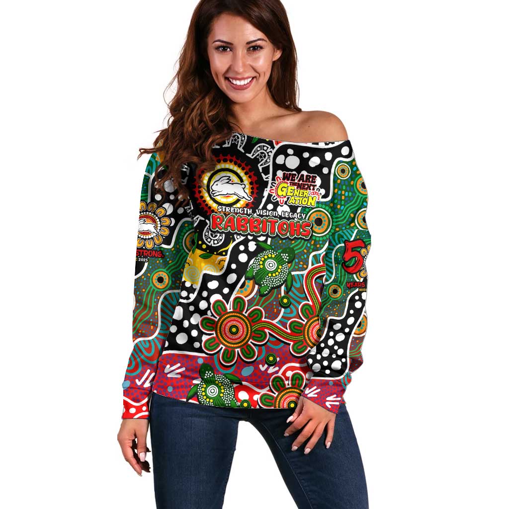 Personalised Rabbitohs NRL Celebrating 50 Years of Naidoc Off Shoulder Sweater NAIDOC Week 2025 Aboriginal