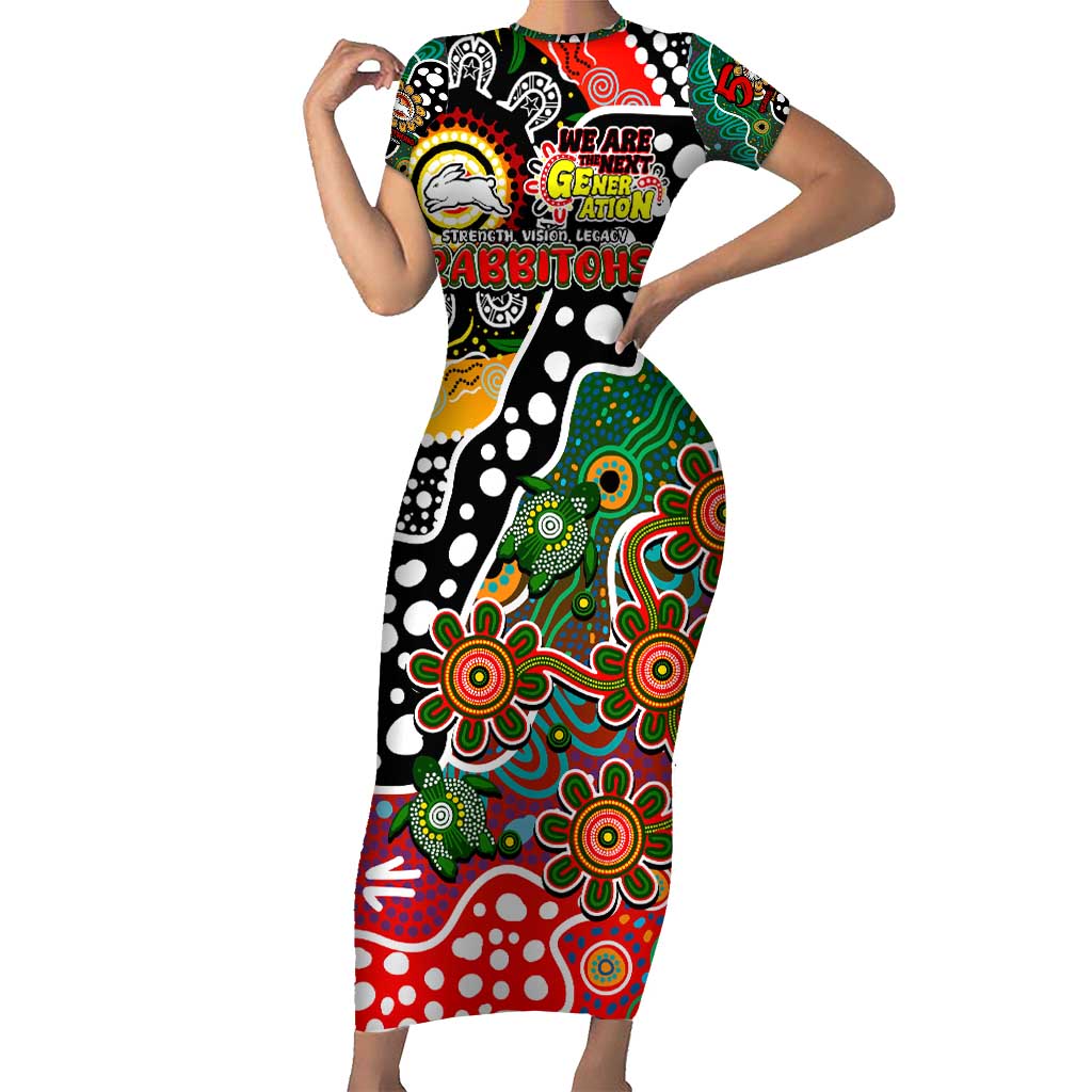 Personalised Rabbitohs NRL Celebrating 50 Years of Naidoc Short Sleeve Bodycon Dress NAIDOC Week 2025 Aboriginal