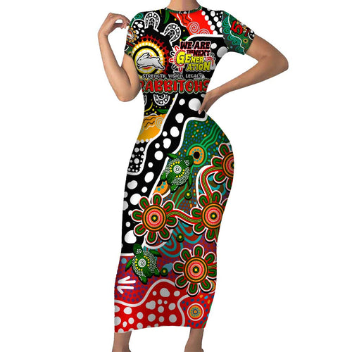 Personalised Rabbitohs NRL Celebrating 50 Years of Naidoc Short Sleeve Bodycon Dress NAIDOC Week 2025 Aboriginal