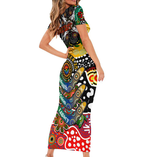 Personalised Rabbitohs NRL Celebrating 50 Years of Naidoc Short Sleeve Bodycon Dress NAIDOC Week 2025 Aboriginal
