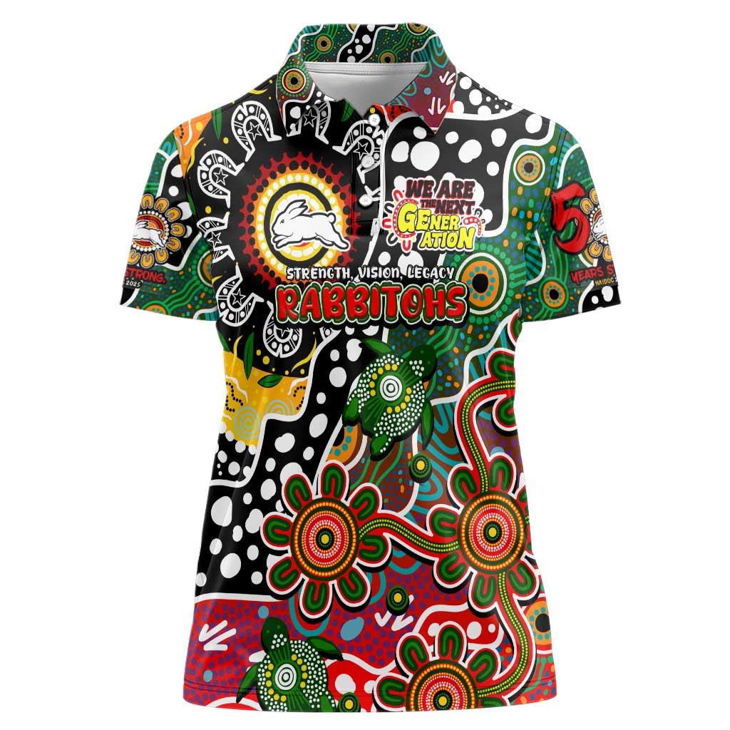 Personalised Rabbitohs NRL Celebrating 50 Years of Naidoc Women Polo Shirt NAIDOC Week 2025 Aboriginal