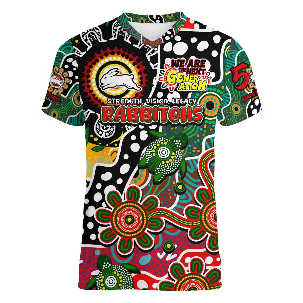 Personalised Rabbitohs NRL Celebrating 50 Years of Naidoc Women V-Neck T-Shirt NAIDOC Week 2025 Aboriginal