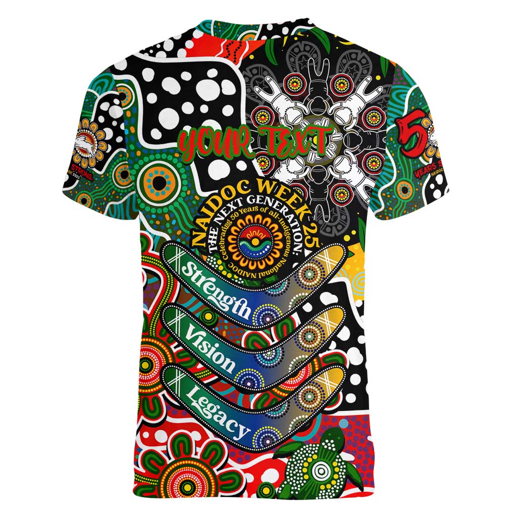 Personalised Rabbitohs NRL Celebrating 50 Years of Naidoc Women V-Neck T-Shirt NAIDOC Week 2025 Aboriginal