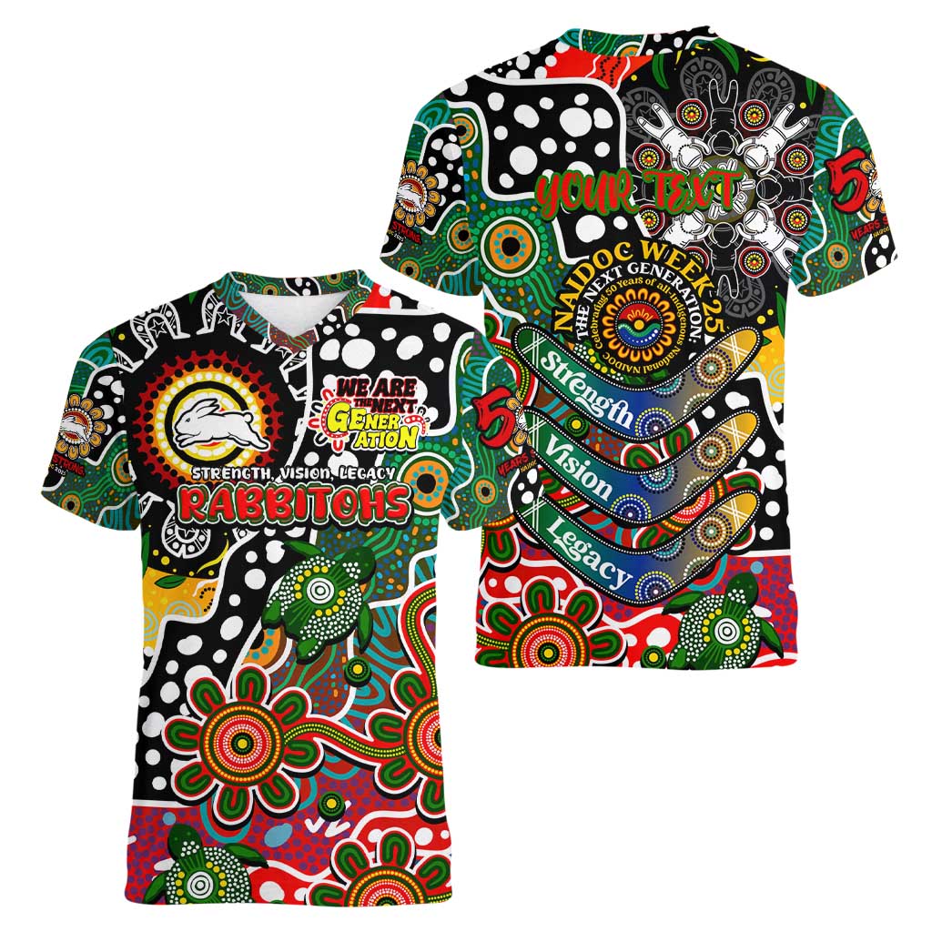 Personalised Rabbitohs NRL Celebrating 50 Years of Naidoc Women V-Neck T-Shirt NAIDOC Week 2025 Aboriginal