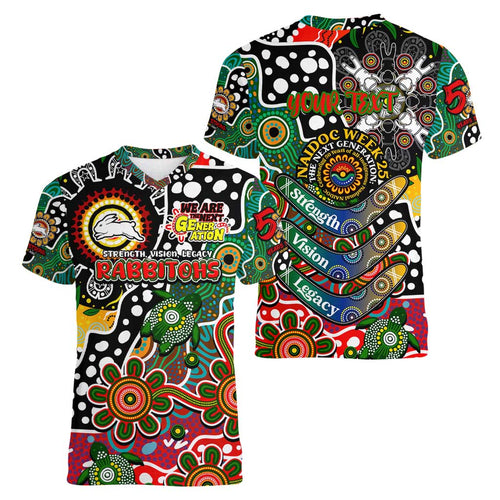 Personalised Rabbitohs NRL Celebrating 50 Years of Naidoc Women V-Neck T-Shirt NAIDOC Week 2025 Aboriginal