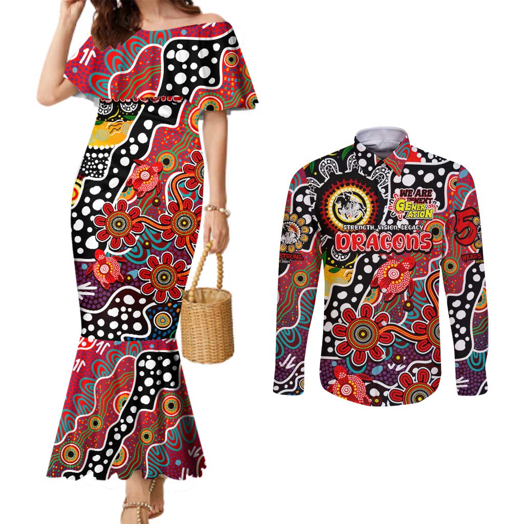 Personalised Dragons NRL Celebrating 50 Years of Naidoc Couples Matching Mermaid Dress and Long Sleeve Button Shirt NAIDOC Week 2025 Aboriginal