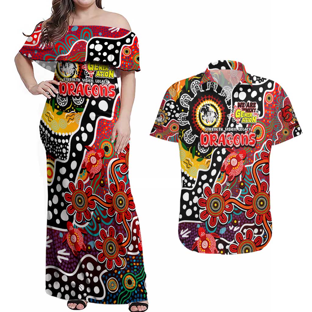 Personalised Dragons NRL Celebrating 50 Years of Naidoc Couples Matching Off Shoulder Maxi Dress and Hawaiian Shirt NAIDOC Week 2025 Aboriginal