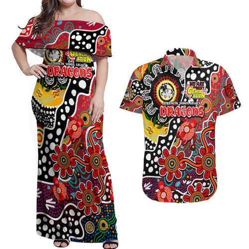 Personalised Dragons NRL Celebrating 50 Years of Naidoc Couples Matching Off Shoulder Maxi Dress and Hawaiian Shirt NAIDOC Week 2025 Aboriginal