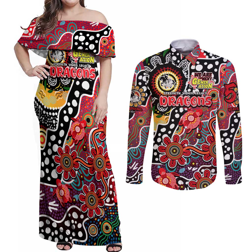 Personalised Dragons NRL Celebrating 50 Years of Naidoc Couples Matching Off Shoulder Maxi Dress and Long Sleeve Button Shirt NAIDOC Week 2025 Aboriginal