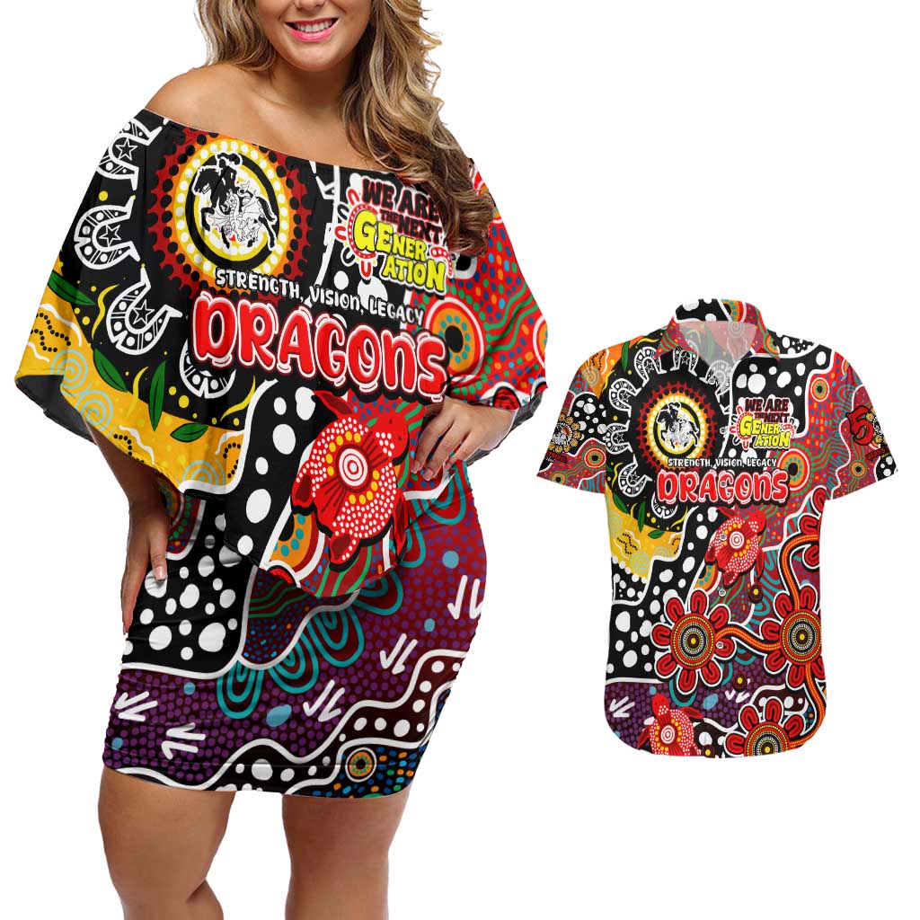 Personalised Dragons NRL Celebrating 50 Years of Naidoc Couples Matching Off Shoulder Short Dress and Hawaiian Shirt NAIDOC Week 2025 Aboriginal