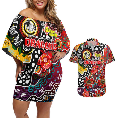 Personalised Dragons NRL Celebrating 50 Years of Naidoc Couples Matching Off Shoulder Short Dress and Hawaiian Shirt NAIDOC Week 2025 Aboriginal