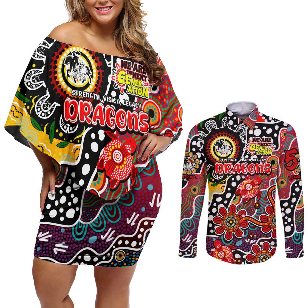 Personalised Dragons NRL Celebrating 50 Years of Naidoc Couples Matching Off Shoulder Short Dress and Long Sleeve Button Shirt NAIDOC Week 2025 Aboriginal