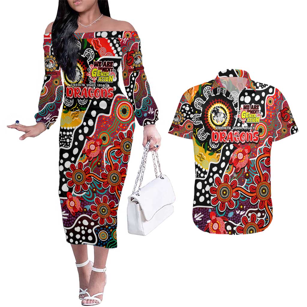 Personalised Dragons NRL Celebrating 50 Years of Naidoc Couples Matching Off The Shoulder Long Sleeve Dress and Hawaiian Shirt NAIDOC Week 2025 Aboriginal