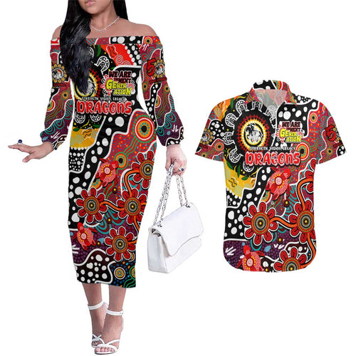Personalised Dragons NRL Celebrating 50 Years of Naidoc Couples Matching Off The Shoulder Long Sleeve Dress and Hawaiian Shirt NAIDOC Week 2025 Aboriginal