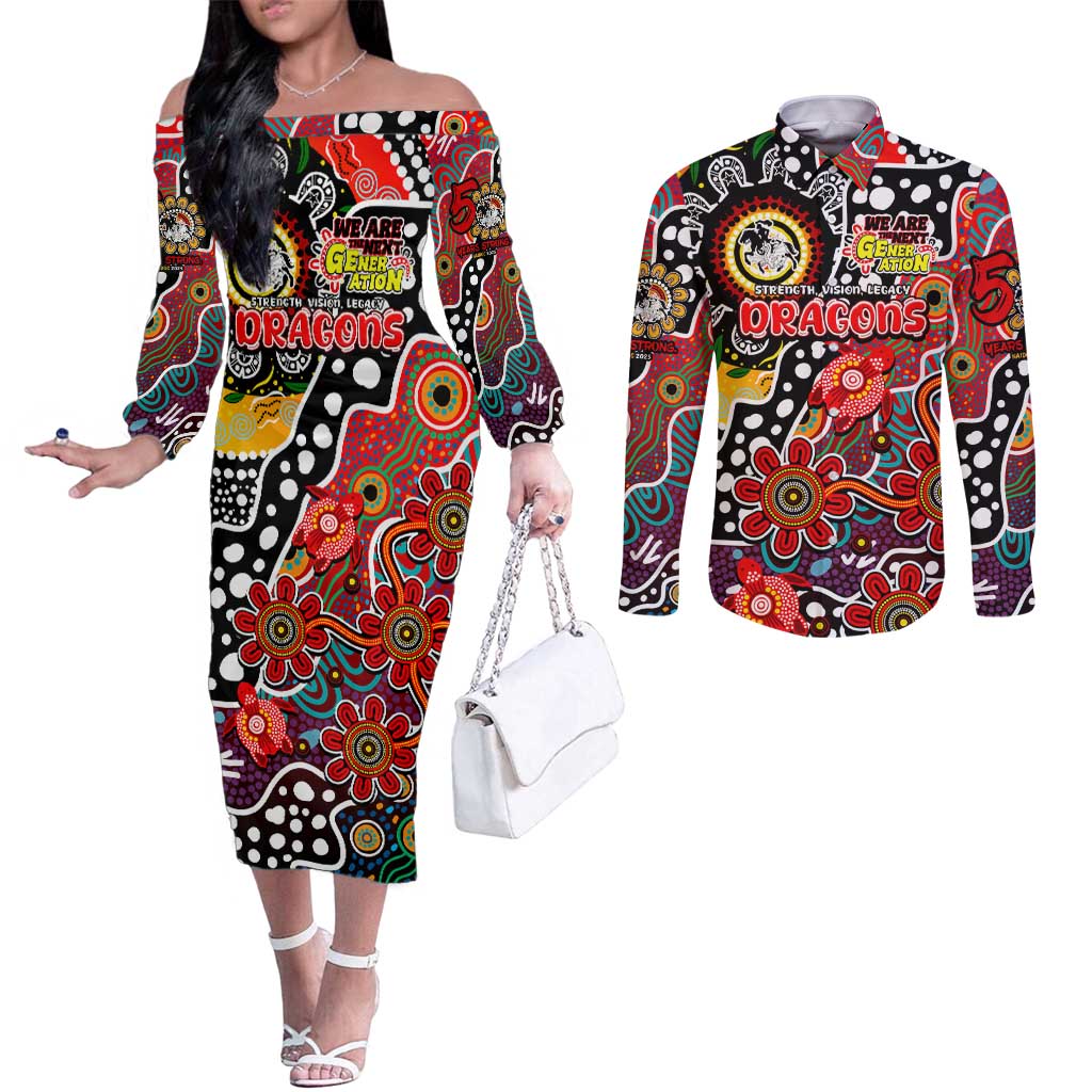 Personalised Dragons NRL Celebrating 50 Years of Naidoc Couples Matching Off The Shoulder Long Sleeve Dress and Long Sleeve Button Shirt NAIDOC Week 2025 Aboriginal