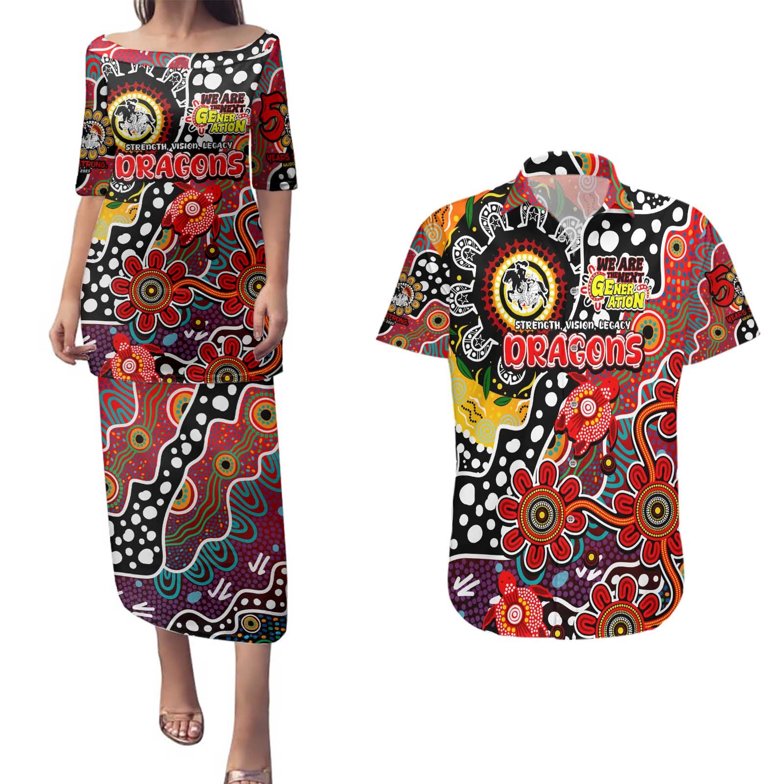 Personalised Dragons NRL Celebrating 50 Years of Naidoc Couples Matching Puletasi and Hawaiian Shirt NAIDOC Week 2025 Aboriginal