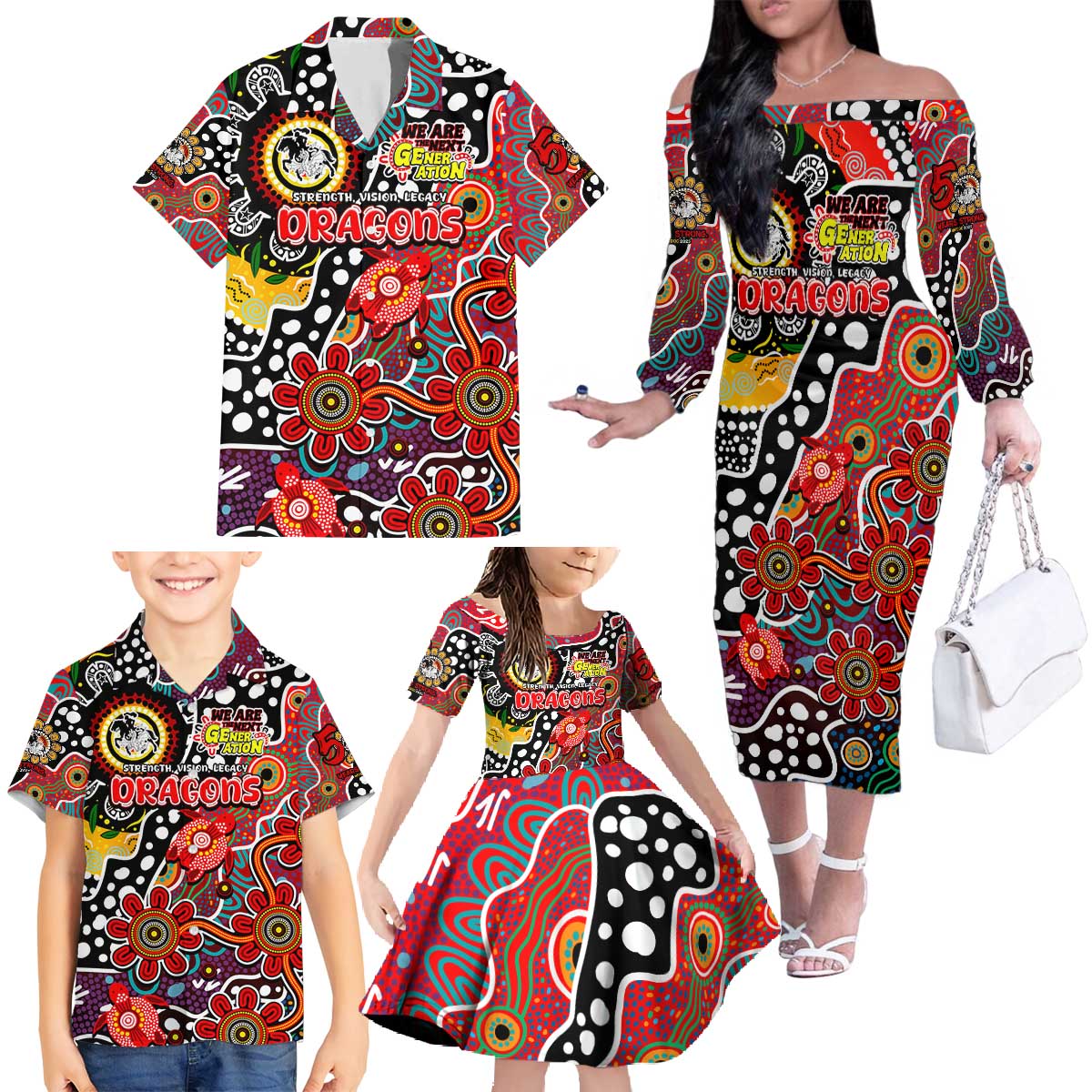 Personalised Dragons NRL Celebrating 50 Years of Naidoc Family Matching Off The Shoulder Long Sleeve Dress and Hawaiian Shirt NAIDOC Week 2025 Aboriginal