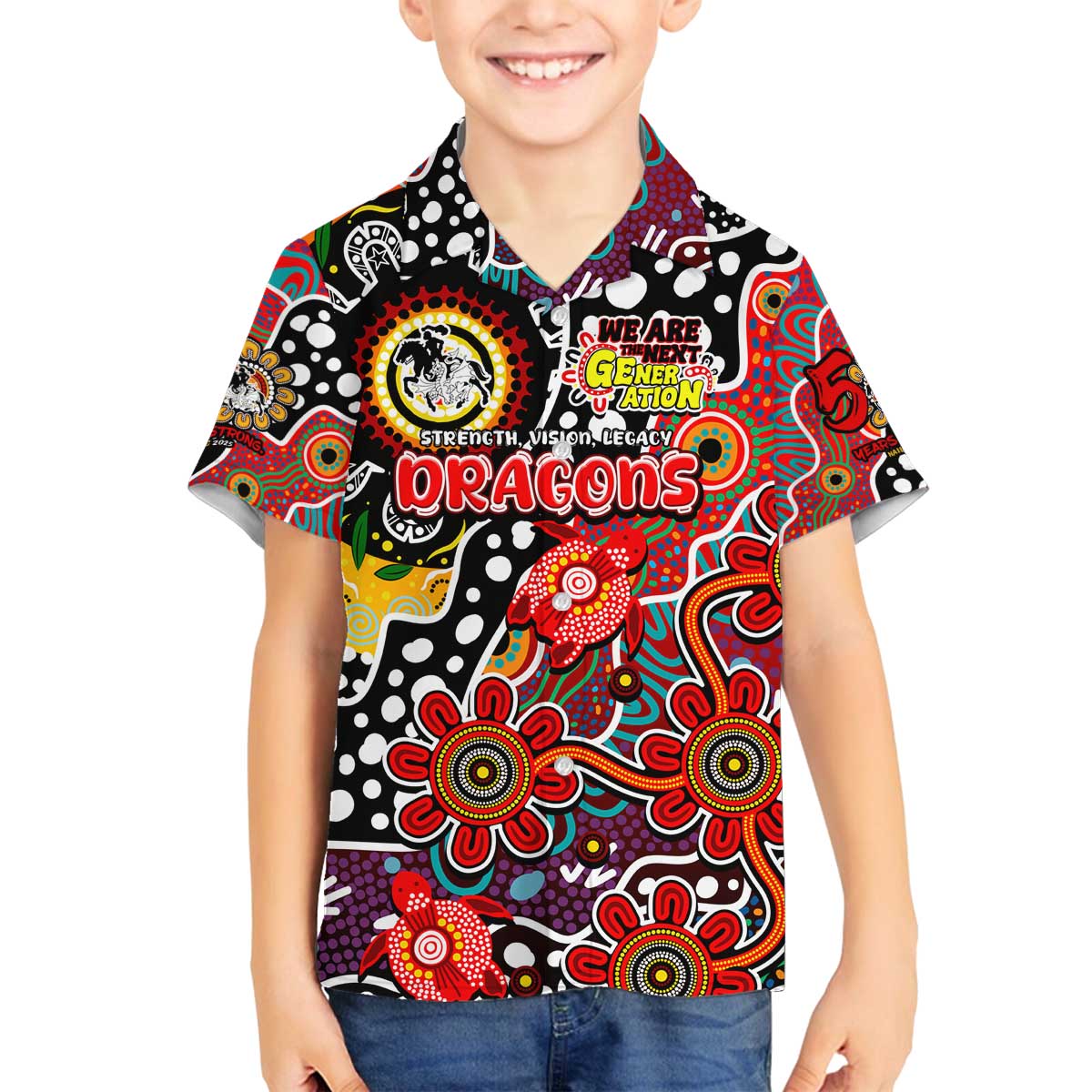 Personalised Dragons NRL Celebrating 50 Years of Naidoc Family Matching Off The Shoulder Long Sleeve Dress and Hawaiian Shirt NAIDOC Week 2025 Aboriginal