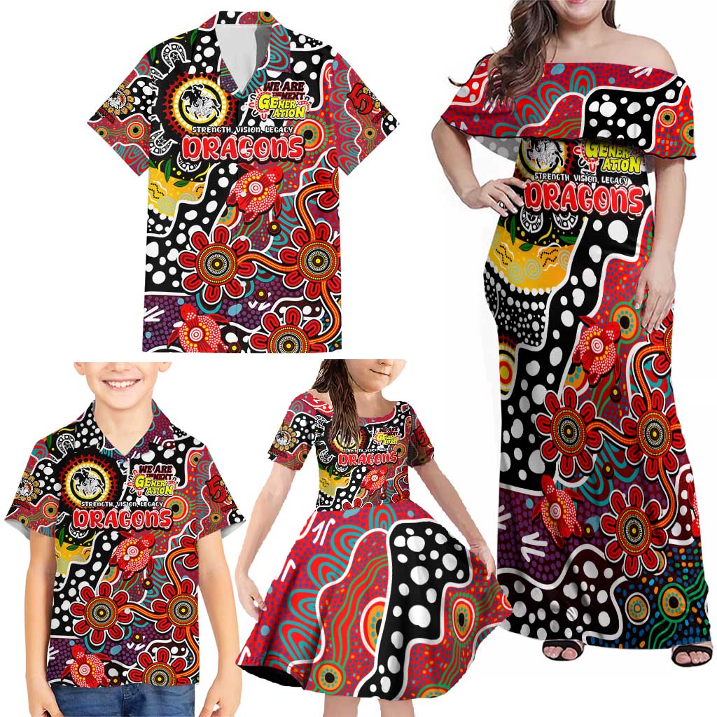 Personalised Dragons NRL Celebrating 50 Years of Naidoc Family Matching Off Shoulder Maxi Dress and Hawaiian Shirt NAIDOC Week 2025 Aboriginal