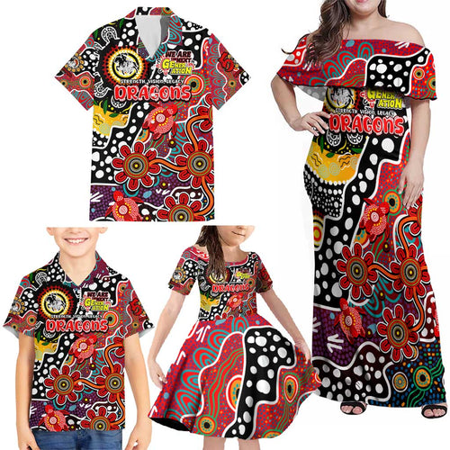 Personalised Dragons NRL Celebrating 50 Years of Naidoc Family Matching Off Shoulder Maxi Dress and Hawaiian Shirt NAIDOC Week 2025 Aboriginal