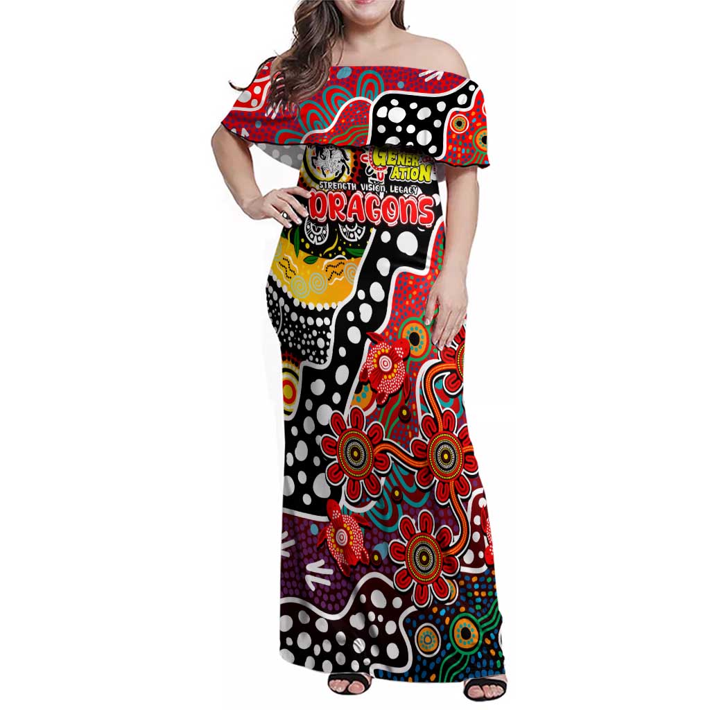 Personalised Dragons NRL Celebrating 50 Years of Naidoc Family Matching Off Shoulder Maxi Dress and Hawaiian Shirt NAIDOC Week 2025 Aboriginal